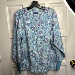 Vintage Ladies Scrub Jacket Stars & Heart Designs Button Down Front Size XS